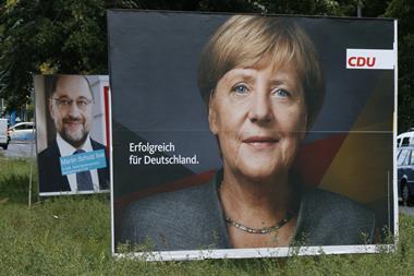 Election posters of the German Chancellor Angela Merkel (CDU) and her challenger, Martin Schulz (SPD), in the upcoming elections, Berlin.