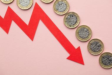 An image showing pound coins and an arrow pointing downwards