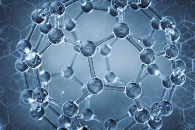 A visualisation of a 3D molecule in close-up, with a blue-grey colour theme