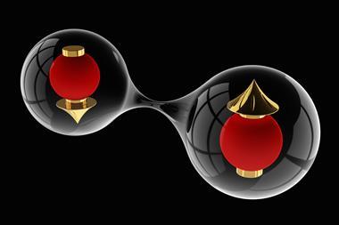Concept art showing two electrons - translucent spheres - with large arrows representing the spin in their centre