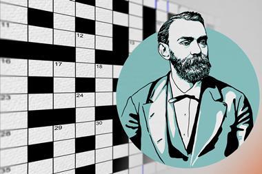 Nobel crossword 2025 grid, overlaid with illustration of Alfred Nobel
