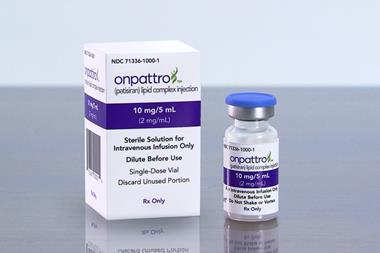A photograph of ONPATTRO™ (patisiran) packaging and product vial