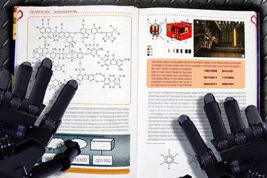 An image showing robot arms over a chemistry textbook written as strings of 1 and 0