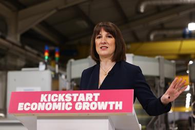 Rachel Reeves in front of a podium that reads "Kickstart economic growth"