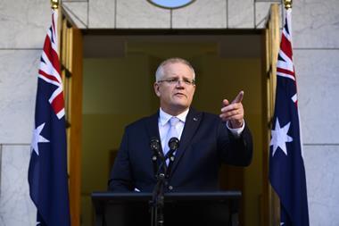 An image showing Scott Morrison announching his cabinet in the Prime Ministers Courtyard at Parliament House in Canberra, Sunday, 26 May 2019