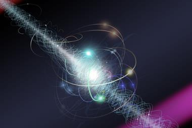Artist's representation, an electron travels between two lasers in an experiment. The electron is spinning about its axis as a cloud of other subatomic particles are constantly emitted and reabsorbed.