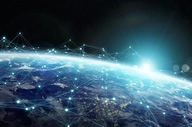 3D rendered glowing dots connected by lines, superimposed on a picture of Earth from space