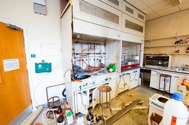 An image showing a chemistry lab after an explosion