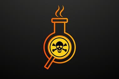 Flask with magnifier and toxic sign overlaid