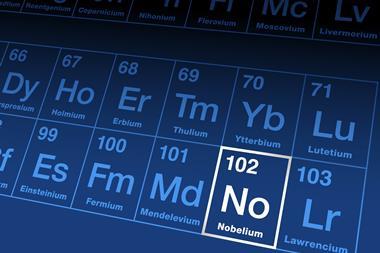 A section of the periodic table with element 102, Nobelium, highlighted