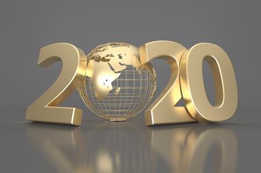 An illustration showing 3D-rendered letters and a globe forming the number 2020