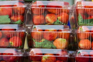 Strawberry berries in a plastic box ready for sale.