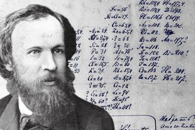 A picture of Mendeleev with his 1869 periodic table
