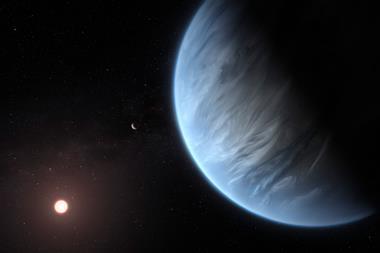 Illustration of exoplanet K2-18b from space showing a cloudy surface and its reddish star in the distance