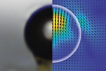 An image showing a shadowgraph (left) and PIV (right) measurements of a 0.5 μL oil drop