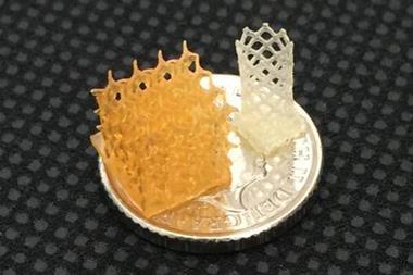 An image showing a 3D printed gel structures on top of a 5p coin for scale