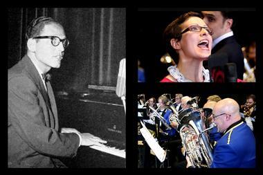 A composite image of Tom Lehrer, Helen Arney and the Waterbeach Brass band