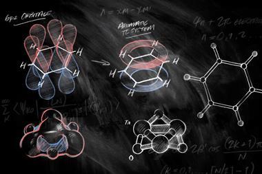An illustration showing a blackboard with aromatic compounds written on it