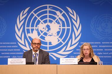 Luis Vayas Valdivieso and Inger Andersen sitting at a desk on a conference stage with the UN logo behind them