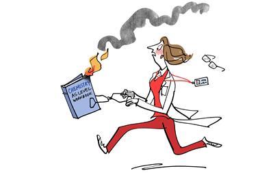 Illustration of teacher running with burning chemistry text book