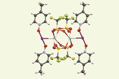 A 3d model of a complex with silver bonded to iodine. The complex also contains carbon, nitrogen, fluorine, sulfur, oxygen and hydrogen.