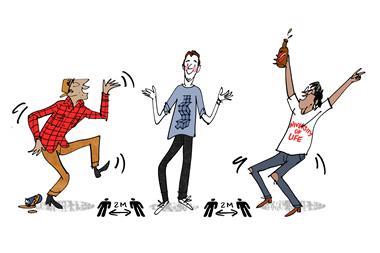 Three university students having fun while social distancing