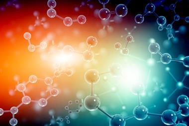 3D rendered image showing molecules on colourful blue and orange background