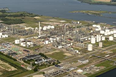 7 August 2017, Moerdijk, Holland. Aerial view of industrial plant Shell Chemicals with river Hollands Diep.