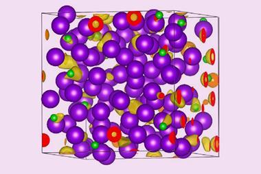 AIMD snapshots of potassium (purple), sites of qNN (green) and ELF = 0.7 isosurfaces (yellow)