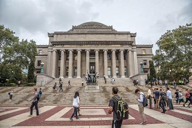 A photo of students outside the library of Columbia University