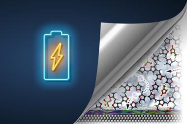 An image showing a page turning from an image of a battery to that of an electrolyte