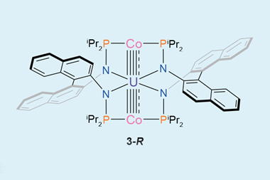 A complex molecule centred around a uranium atom bonded to two cobalt atoms in a quadruple or quintuple bond as well as four organic groups via nitrogens.