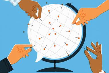 People sticking location pins in speech bubble globe