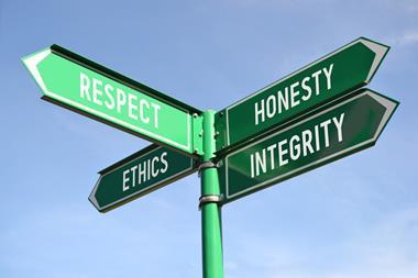 A picture of a respect, honesty, ethics, integrity signpost