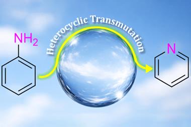 A diagram showing aniline going through heterocyclic transmutation via a droplet of water to form pyridine