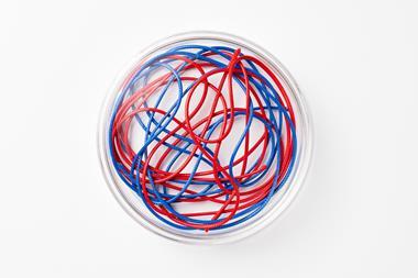 Tangled red and blue string