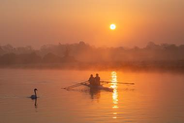 Two rowers and a swan in the mist