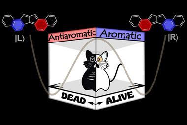 A cartoon of a cat in a box who is half dead on the antiaromatic molecule side and half alive on the aromatic molecule side