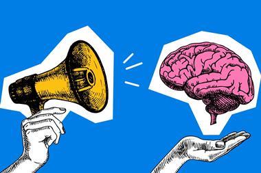Trendy art collage of sketch hands with megaphone and brain. Communication, marketing, job search, employment agency concept. Retro hand drawn vector illustration.