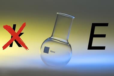 An image showing a round bottome flask; on the left there is the k symbol for rate constant, crossed out, and on the right, the letter E for energy is written