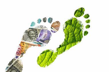 Two footprints - one contains Indian currency and the other contains a green leaf