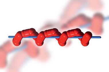Helical trajectory of one CO2 oxygen atom (red spheres) about the channel axis (blue bar)