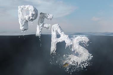 An image showing the letters P, F, A and S, which stand for perfluorinated alkyl substances, sinking into water; a small fish can also be seen