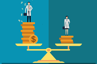 A cartoon of a man and a woman both wearing lab coats on a balanced set of scales. They are both standing on piles of coins but the man's pile is a lot higher.