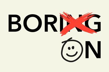 An image showing the word "Boring" with the letters "ing" crossed out and replaced by the letters "on"; the letter O is rendered as a smiley face