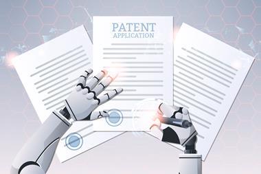 Robot hands signing a patent application