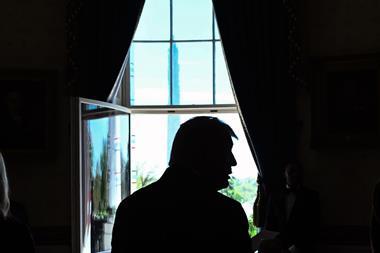 Trump stands silhouetted by a window in the White House