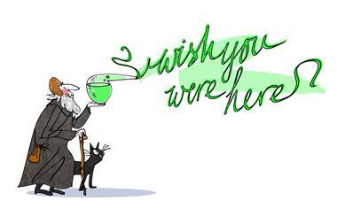 Wizard with black cat and flask