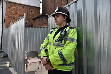 Salisbury, UK - July 6, 2018: Police cordon off a hostel in the city centre as investigations continue after local residents Charlie Rowley and Dawn Sturgess fell ill with nerve agent poisoning.