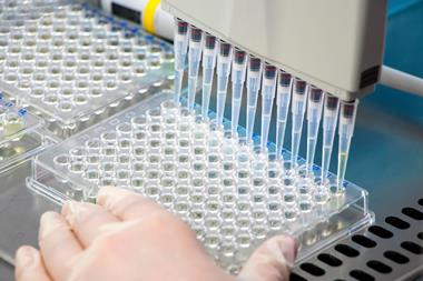 A close up of a researcher pipetting samples of liquids into a microplate